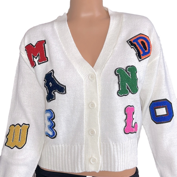 Vintage Y2K Runway 7 Preppy Letter Print V-Neck Cardigan Knit Sweater Medium - Picture 3 of 15